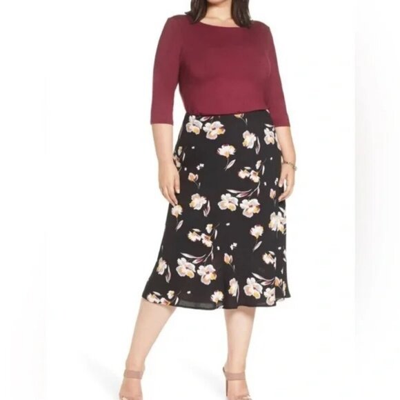 NWT Halogen Bias Cut Black Floral Print Midi Skirt Size 3X - Picture 1 of 12